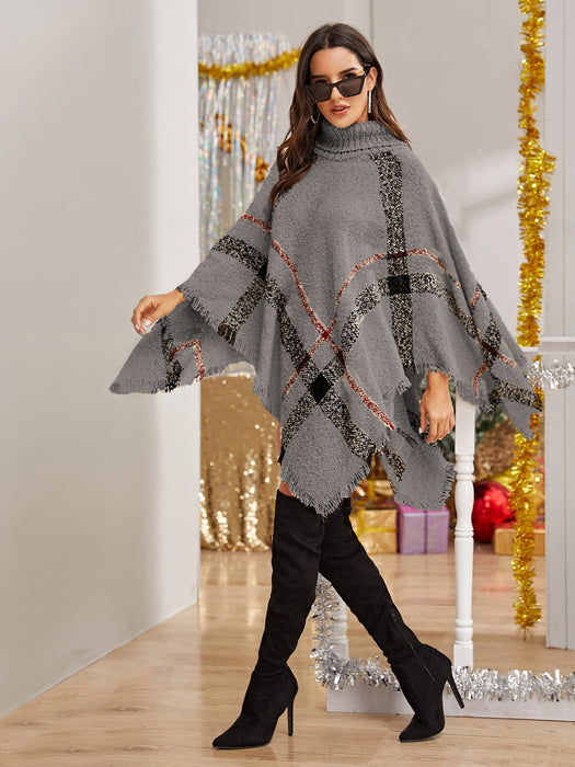 Autumn Winter Irregular Asymmetric Turtleneck Plaid Cape Sweater for Women