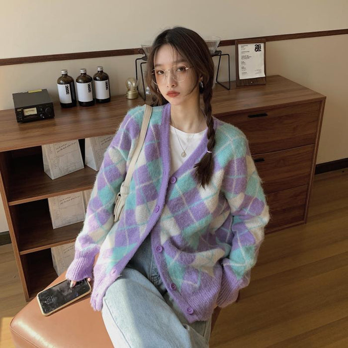 Cardigan Knitted Coat Women Autumn Winter Rhombic Soft Glutinous Idle Loose Outer Wear Mohair Sweater