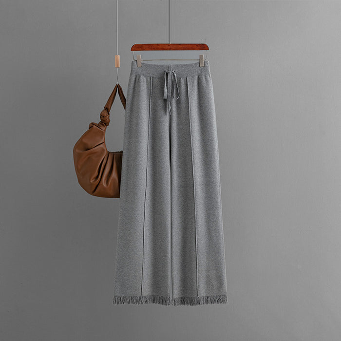 Solid Color Tassel Knitted Wide-Leg Pants Autumn Winter Loose Slimming All Matching Pants