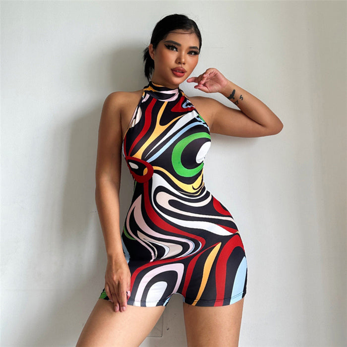 Summer Women Clothing Printed Sexy Backless O neck Short Sports Jumpsuit