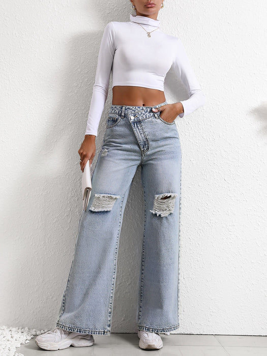 Women Loose Wide Leg Ripped Jeans