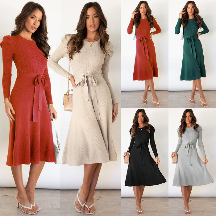 Autumn Winter Bubble Long Sleeve Knitted Dress Mid-Length Elegant Slimming High Waist Big Swing Dress Base Sweater Dress