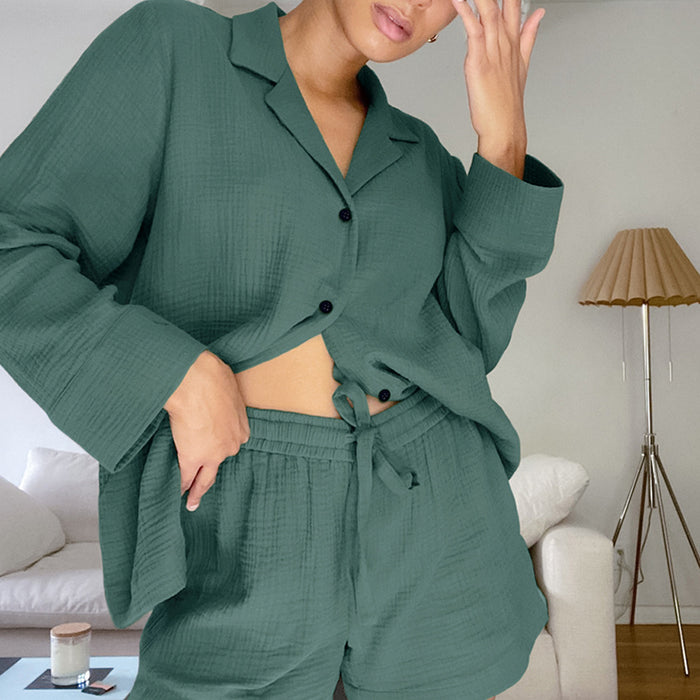 Summer Cotton Gauze Comfortable Green Women Pajamas Long Sleeve Shorts Set Home Wear