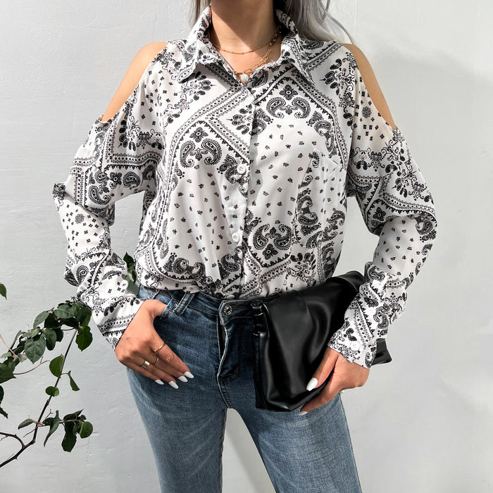 Women Single Breasted Printed off-Shoulder Shirt Autumn Winter Bohemian Top