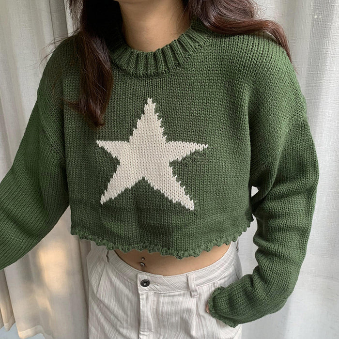 Casual Idle Five Pointed Star Sweater Color Contrast Short Cropped round Neck Pullover Loose Knit Tops Outerwear