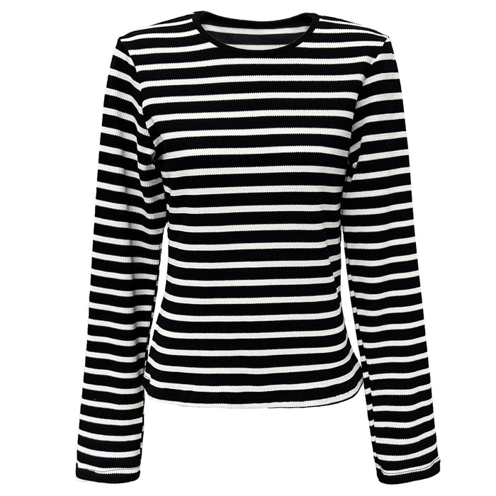 Spring Striped Long Sleeved  shirt Women Slim Fit Slimming Inner Bottoming Shirt Top