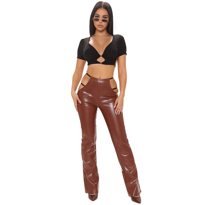 Women Autumn Winter Clothing New Slim Crocodile Pattern Faux Leather Straight Sexy Casual Trousers