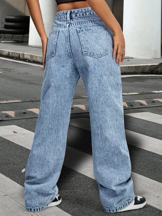 Washed Denim Women Trousers Basic Straight Leg Pants No Belt