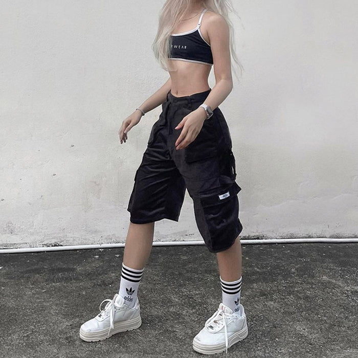 Street Trendy Cool Multi Pocket Loose Cargo Jeans High Waist Slimming Hip Hop Casual Pants Shorts Cropped Pants