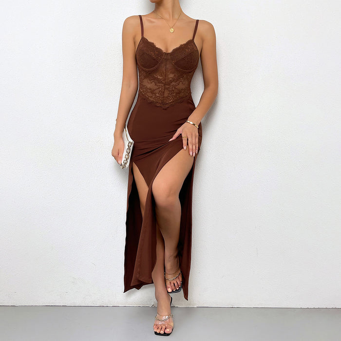 Low Cut Sexy Stitching High Waist Bottoming Dress Split Strap Dress Women