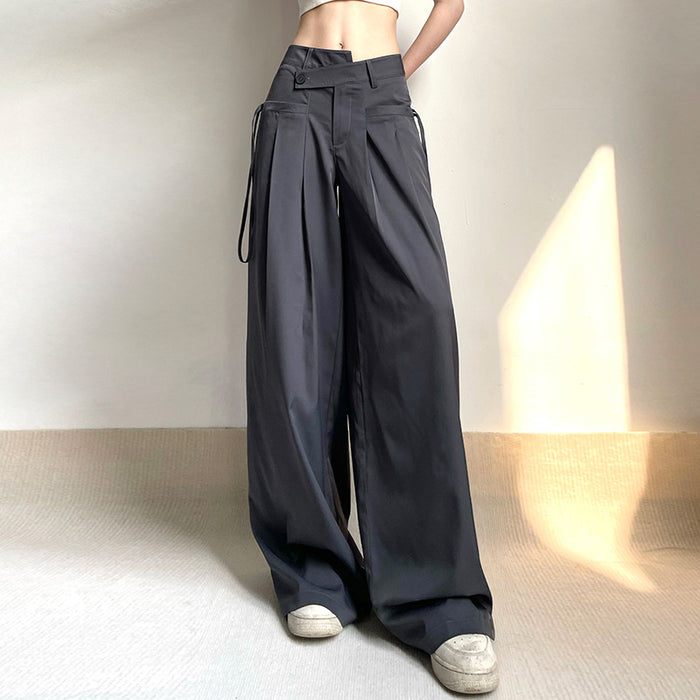 High Street Trendsetter Wear Irregular Asymmetric Waist Design Low Waist Straight Ribbon Loose Drooping Wide Leg Pants