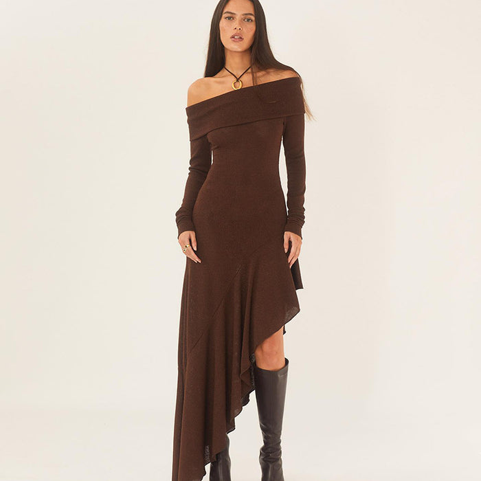 Women  Wear Elegant off Shoulder Long Sleeve Close-Fitting Ruffled Maxi Dress for Women