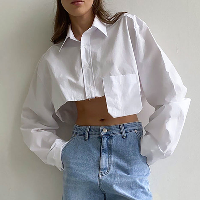 Autumn Cropped Asymmetric Stitching Casual Dignified Sense of Design Short Model in White Color Shirt Women Clothing