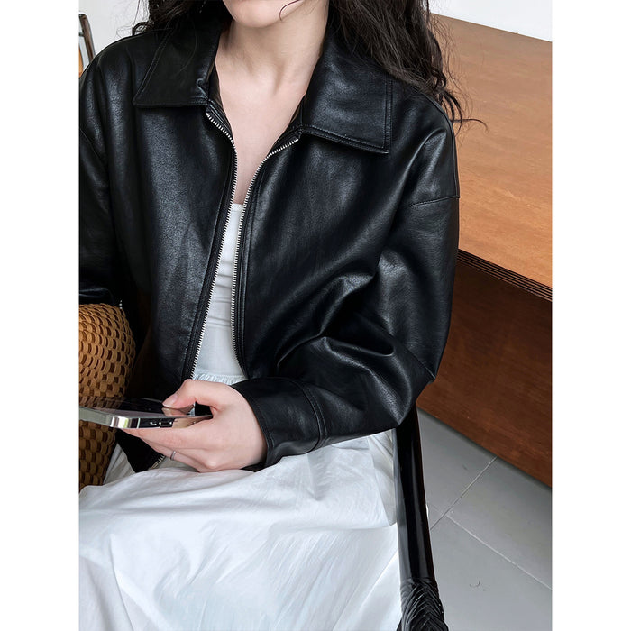 Cool Handsome High Grade Collared Leather Coat Women's Spring Autumn Hong Kong Faux Leather Jacket Motorcycle Top Trendy