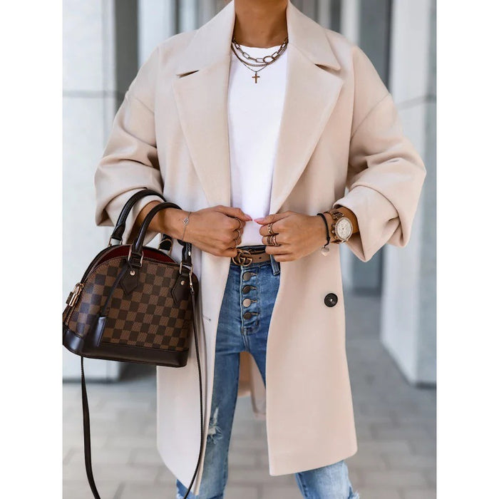 Autumn Winter Simplicity Long Sleeve Solid Color Woolen Coat Women