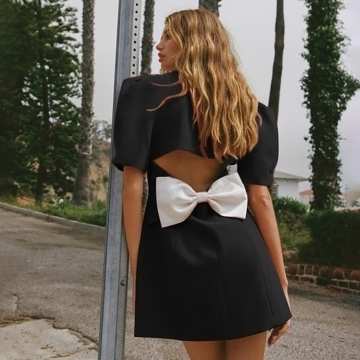 Black Short Sleeve Backless Bow Summer Women Slimming Dress