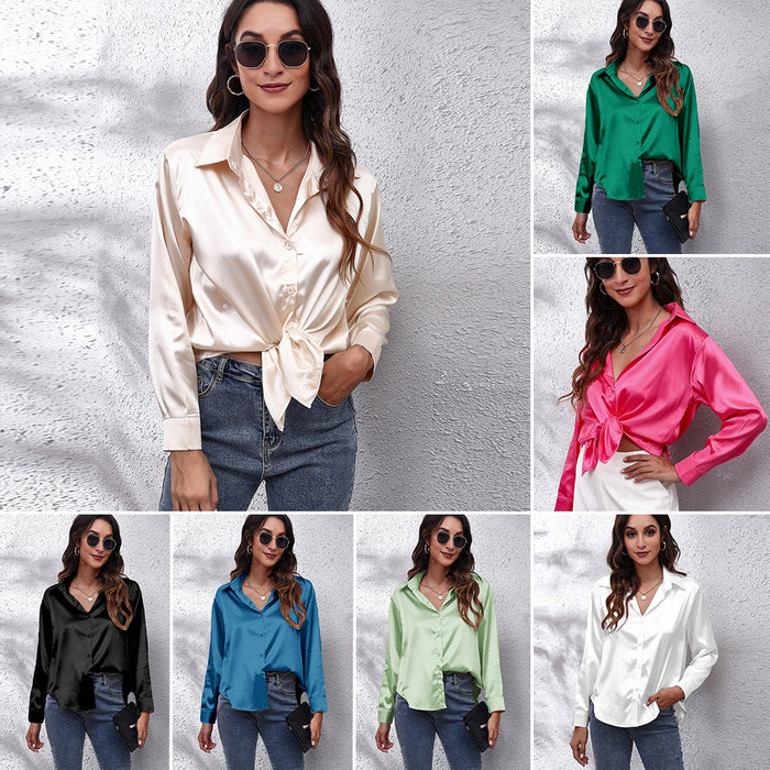 Satin Shirt Women Satin Artificial Silk Long Sleeve Shirt