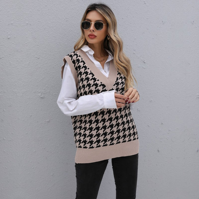 Early Autumn Women Wear Mid Length Houndstooth Sweater Vest for Women