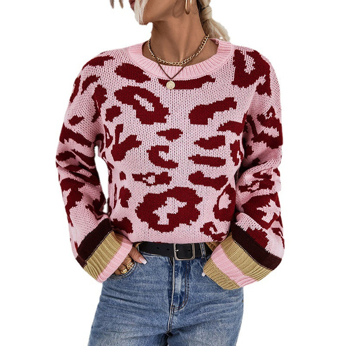 Autumn Winter Round Neck Pullover Sweater Leopard Jacquard Sweater Women