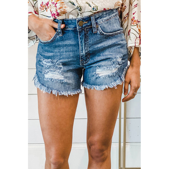 Shiying  Women Clothing   Washed High Waist Jeans Slim-Fit Worn Casual Shorts