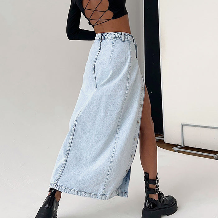 Retro Slit High Waist Denim Skirt Women Summer Asymmetric Design Straight Skirt Long Skirt