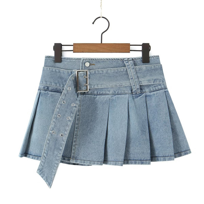 Summer Pleated Denim Skirt Belt Sexy Skirt