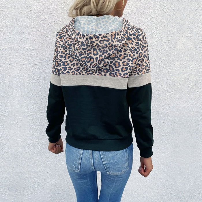 Autumn Women Clothing With Pocket Hoodie With Drawstrings Stitching Leopard Print Sweater