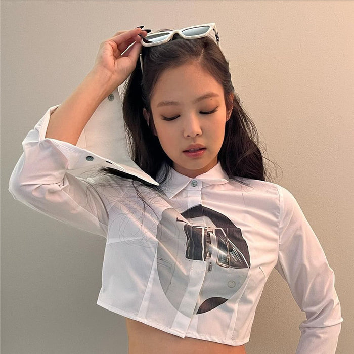 Early Spring Women Clothing Top Jin Zhini Jennie Same Trendy Printed Short Long Sleeve Shirt