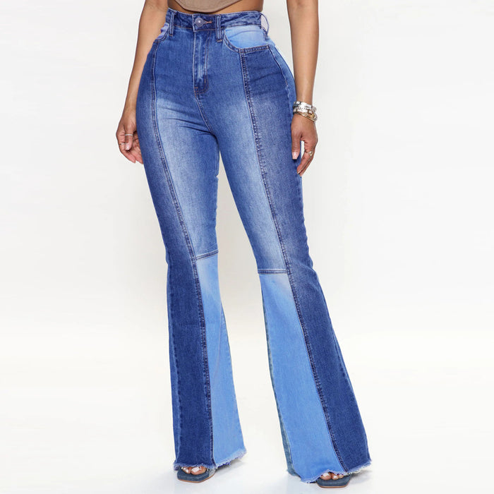 Jeans Women Stretch High Waist Dual Color Patchwork Trousers