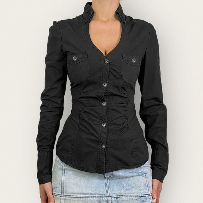 Sexy Women Low Cut V Shaped Collared Waist Tight Breasted Shirt Office Pleated Design Overalls