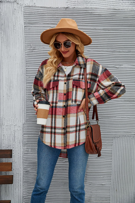 Autumn Winter Women Wear Plaid Mid Length Loose Long Sleeved Woolen Coat Women