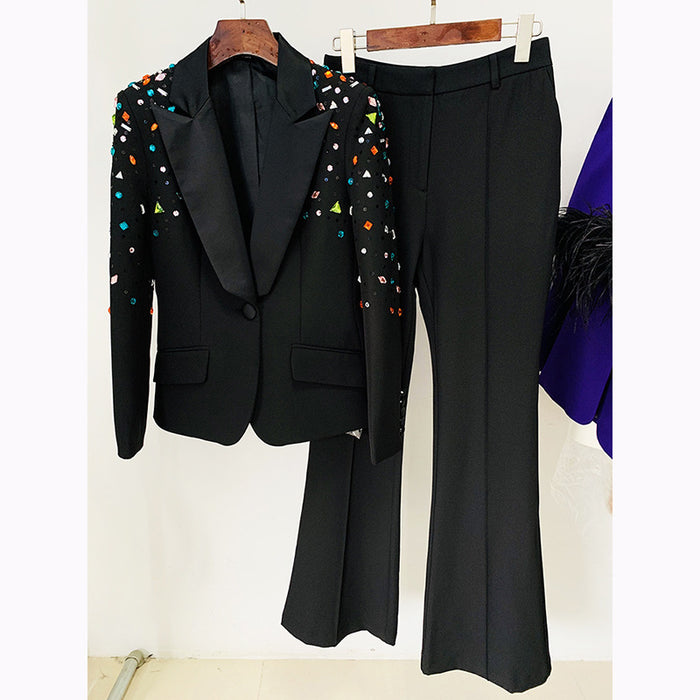 Goods Heavy Industry Beads Colorful Crystals Slim Fit Blazer Bootcut Pants Blazer  Suit Set Two Pieces