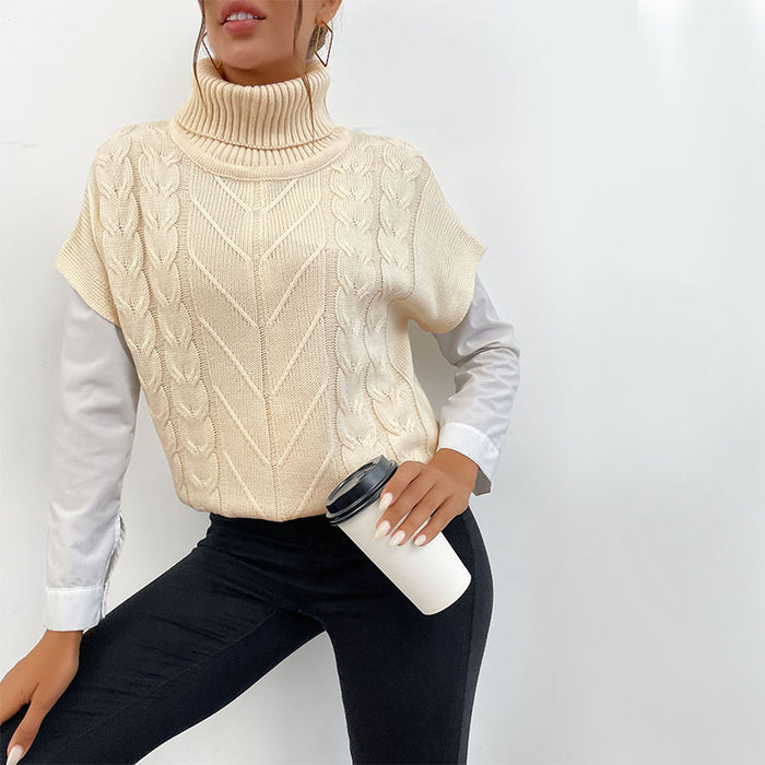 Autumn Winter Solid Color Women Clothing Cable-Knit Turtleneck Sweater with Short Sleeves