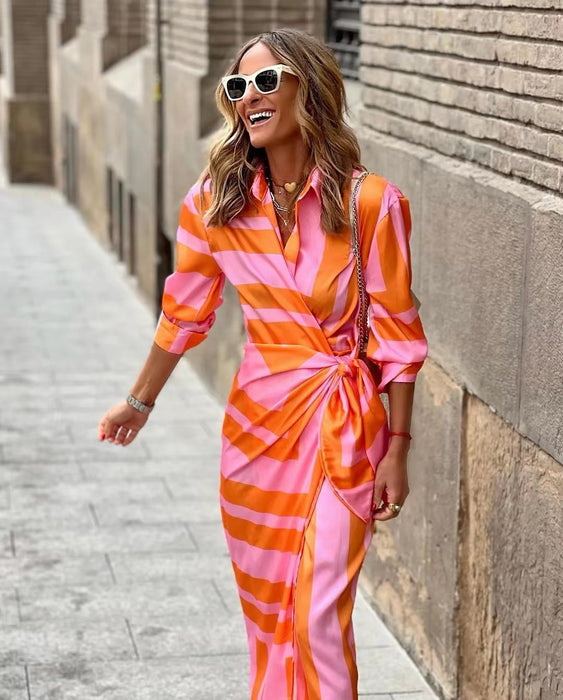 Women Clothing New Fashionable Print Shirt Collar Lacing Mid-Length Striped Dress