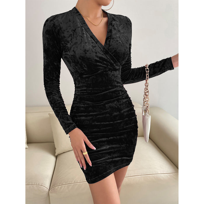 Autumn Winter Velvet Dress Women Clothing V-neck Sexy Slim Hip Dress