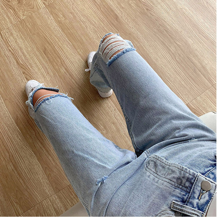 Women  Jeans Casual Wide-Leg Washed Ripped Mid-Waist Jeans for Women