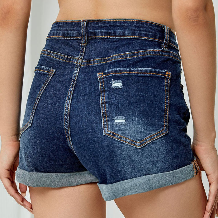 Ripped Curling Elastic High Waist Denim Shorts Women Pants