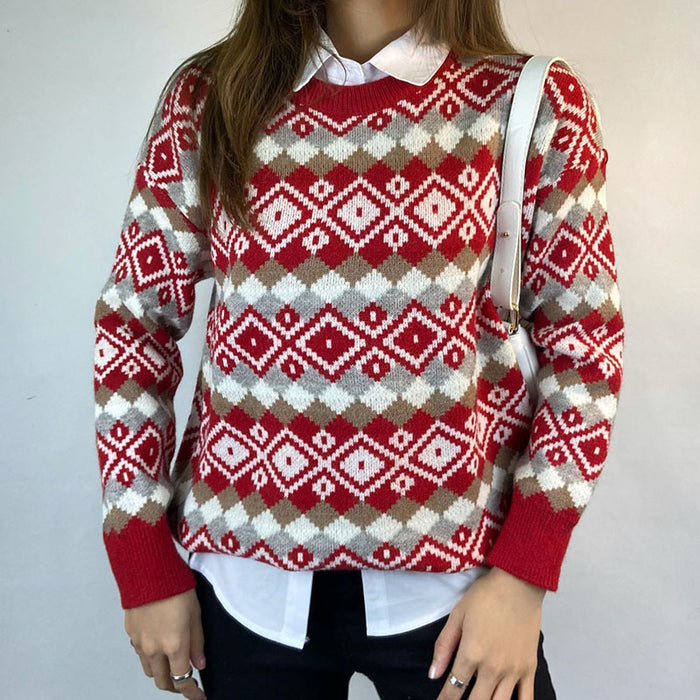 Retro Loose Long Sleeved Knitted Sweater Autumn Winter Rhombus Color Matching Shirt