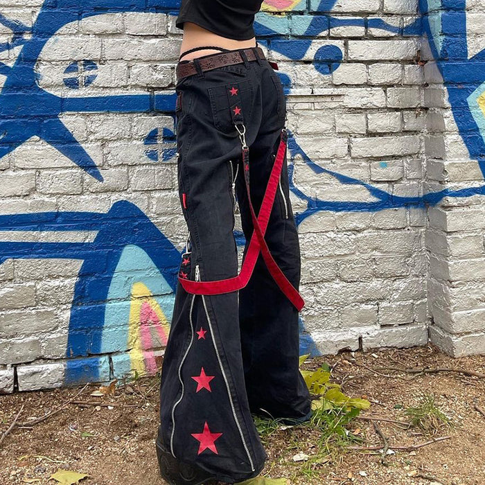 Street Hipster Low Waist Bell-Bottom Pants Five Pointed Star Ribbon Washed Jeans Zipper Stitching Punk