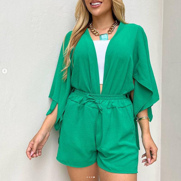 Summer Casual Set Slit Three Quarter Length Sleeves Cardigan Top Drawstring Shorts for Women