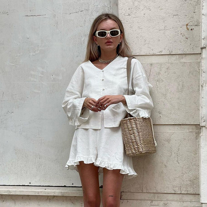 Women Clothing Summer Suit Beige Long Sleeve Loose Casual Shirt High Waist Shorts Two Piece Set