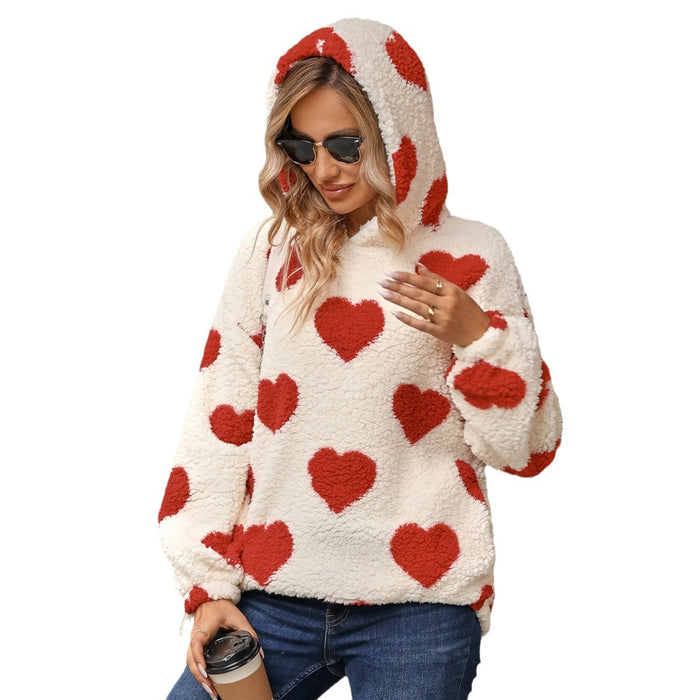 Autumn Winter Women Clothing Plush Hooded Love Printed Pullover Sweatshirt Women