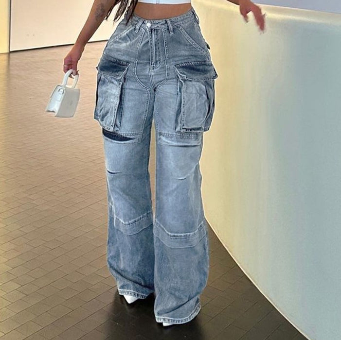 Summer High Waist Zipper Split Stitching Multi Pocket Straight Loose Street Fashionable Denim Trousers Women