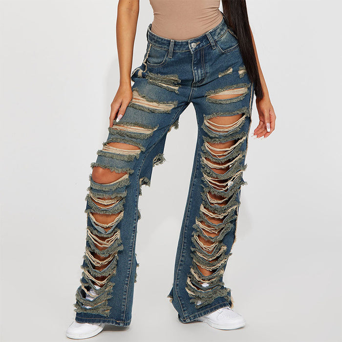 Ripped Jeans Women Loose High Waist Casual Trousers Street Hipster Jeans