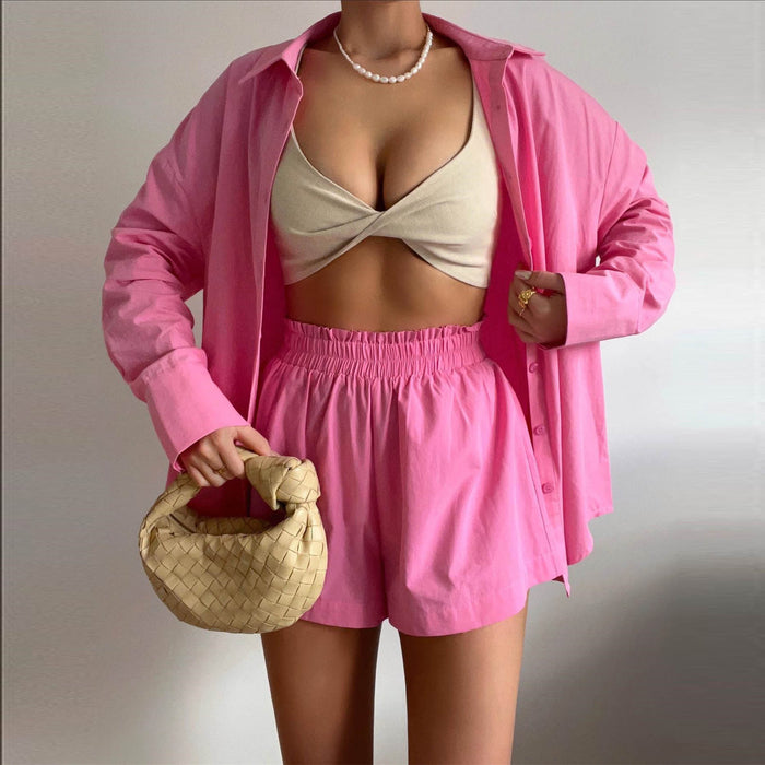 Spring Summer Two Piece Set Solid Color Single Breasted Long Sleeve Collared Shirt Shorts Loose Casual Set