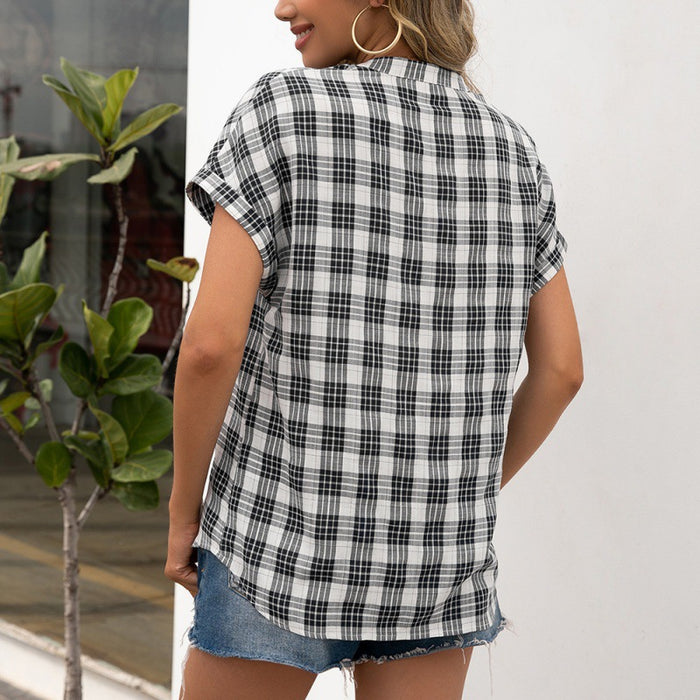 Casual Plaid V Neck Short Sleeve Shirt  Dovetail Plaid Overshirt Women