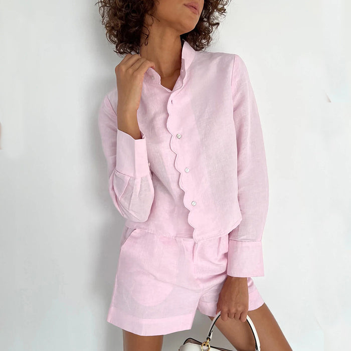 Cotton Linen Pink Stand-up Collar Long-Sleeved Shorts Suit Summer Women  Clothing Two Piece Suit