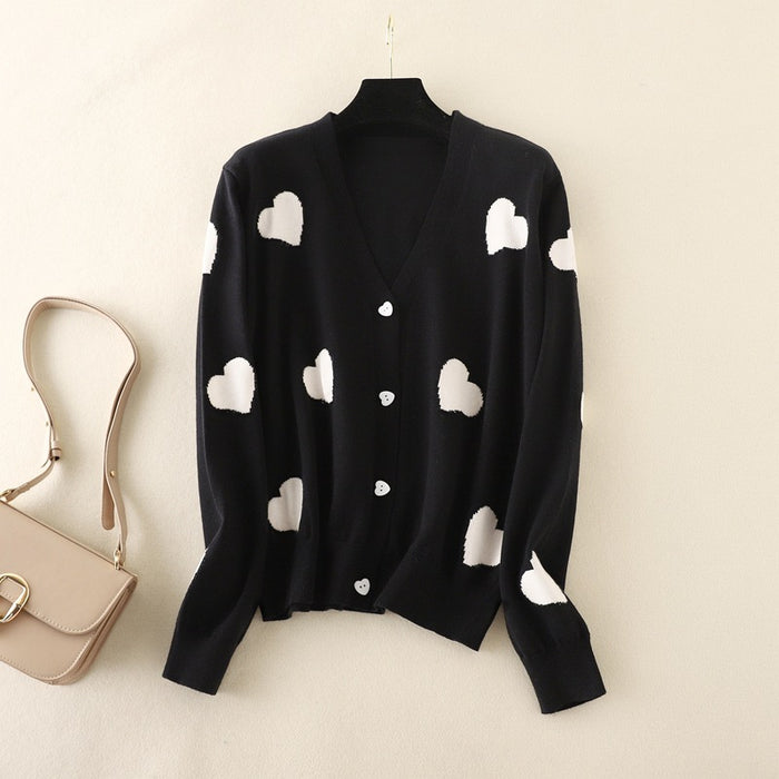 Classic Love V neck Pearl Heart Shaped Single Breasted Knitted Sweater Cardigan Women Cute Top