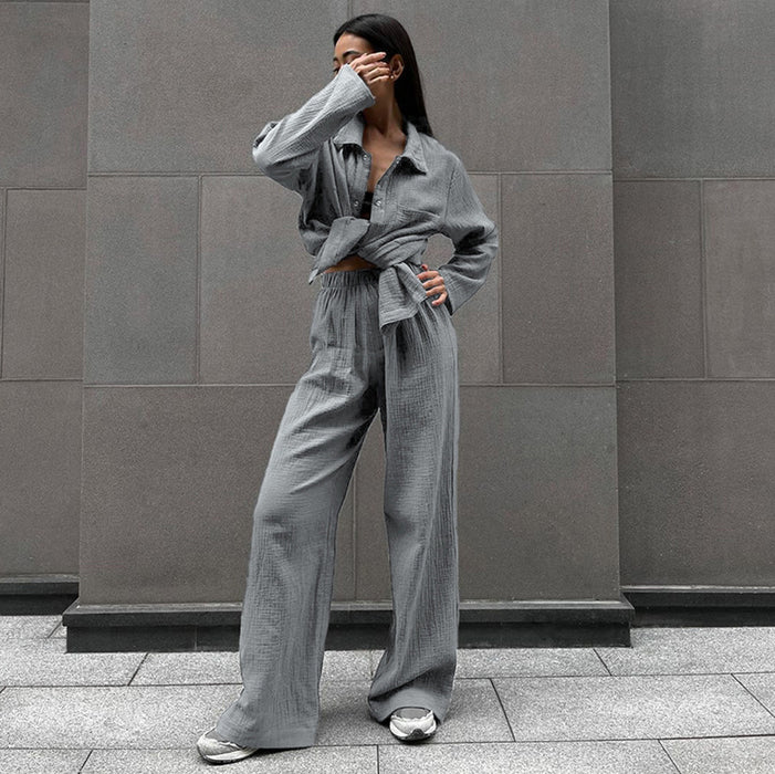 Autumn Pure Cotton Gray Long Sleeve Cardigan Pajamas Two Piece Loose Comfortable Trousers Ladies Homewear