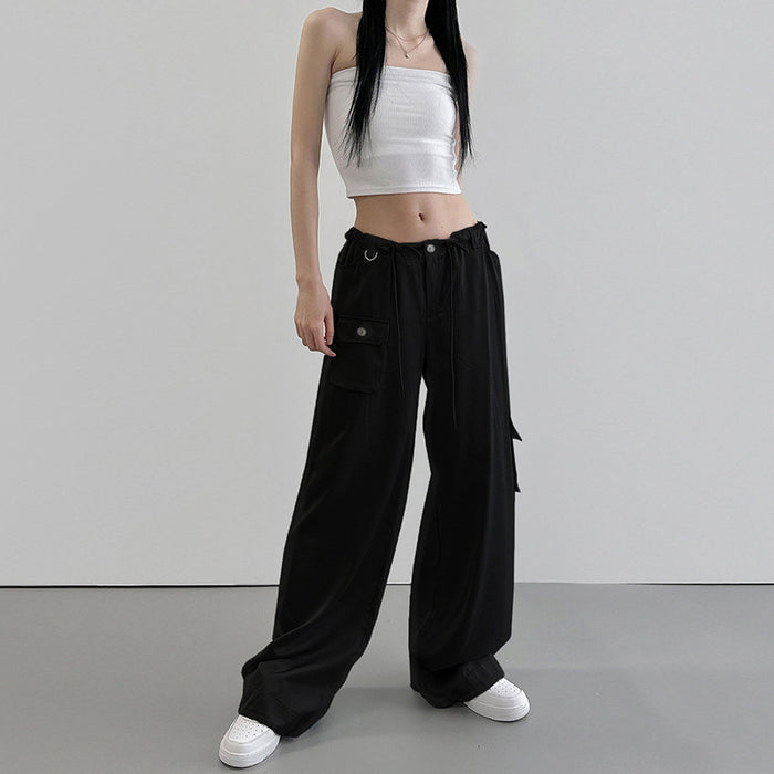 Summer Satin Draping Comfortable Casual Pants Street Low Waist Pocket Metal Buckle Stitching Wide Leg Trousers